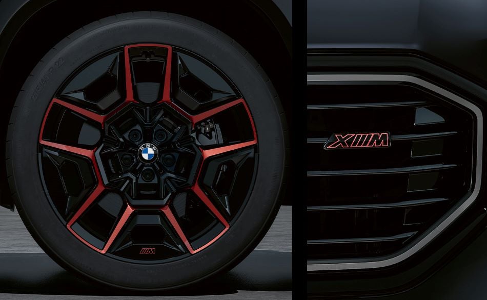 Detailed images of exclusive 22” M Wheels with red accents and XM badging on Illuminated Kidney Grille. in BMW of Sterling | Sterling VA