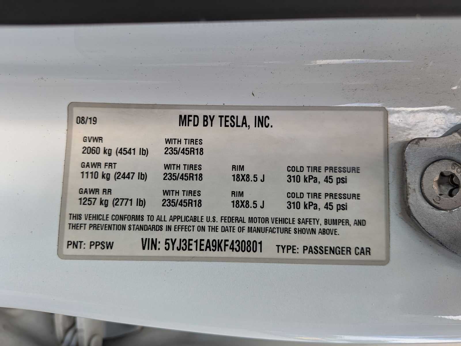 2019 Tesla Model 3 Standard Range Plus