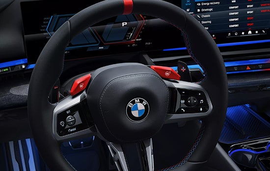 Close-up view of BMW M5 Touring steering wheel. | BMW of Sterling in Sterling VA