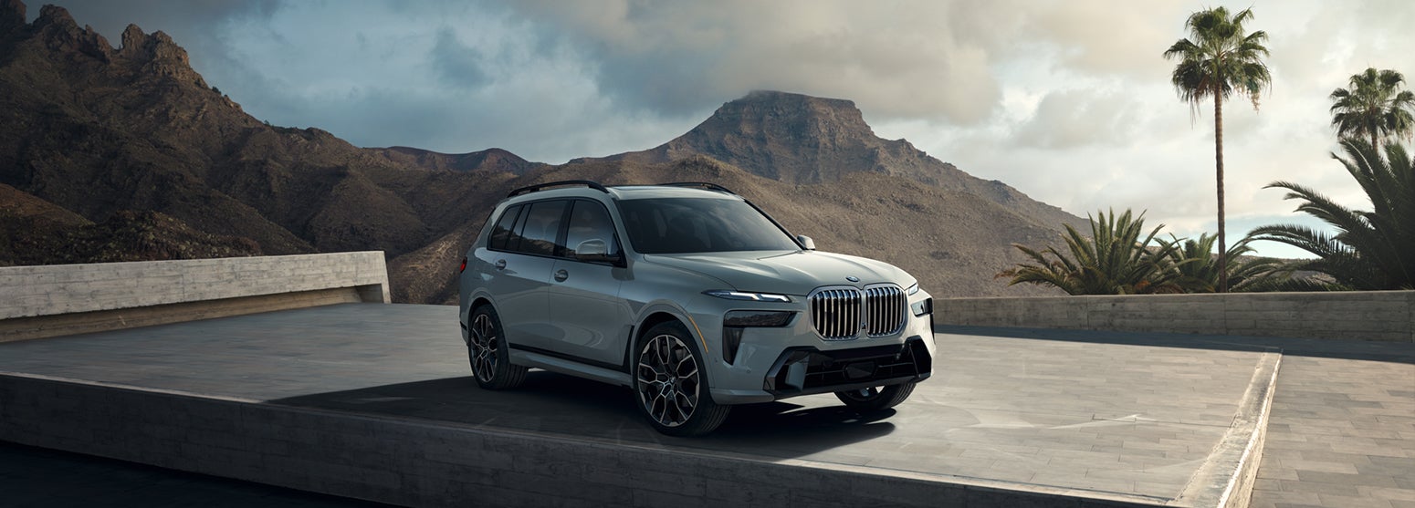 Gray BMW X7 parked with mountain and palm tree background | BMW of Sterling in Sterling VA