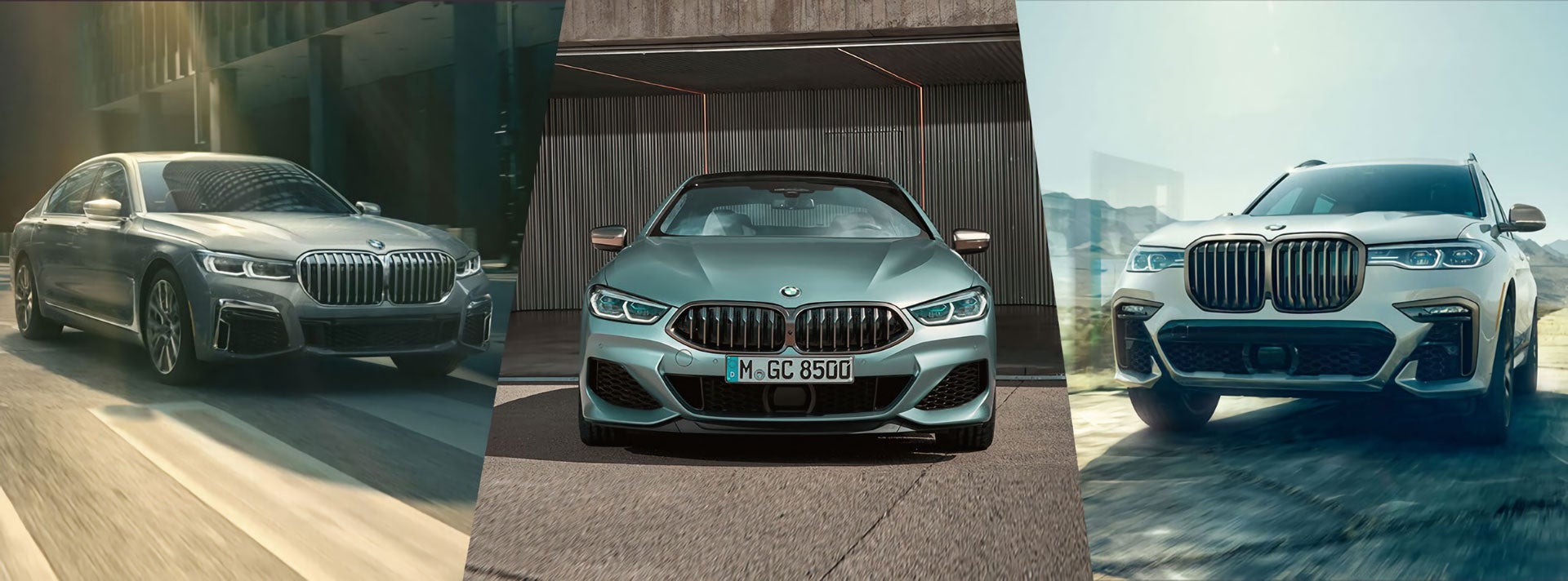 A gray BMW 7 Series driving down street during the day. A blue BMW 8 Series parked under an awning facing forward. A white BMW X7 driving near mountains during the day.